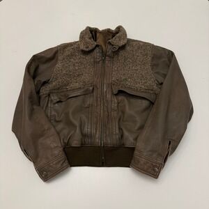 VTG Barbarossa Mens Brown Leather Tweed Bomber Jacket Size 40